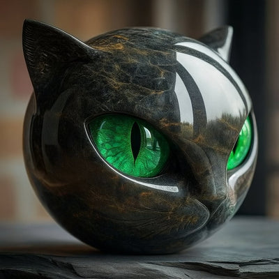 NoctiVue | Buste de Chat Noir, Finition Marbrée Polie