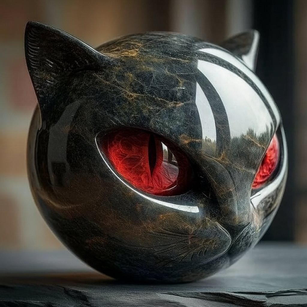 NoctiVue | Buste de Chat Noir, Finition Marbrée Polie
