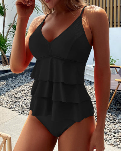 Emma | Tankini fendu à volants de couleur unie