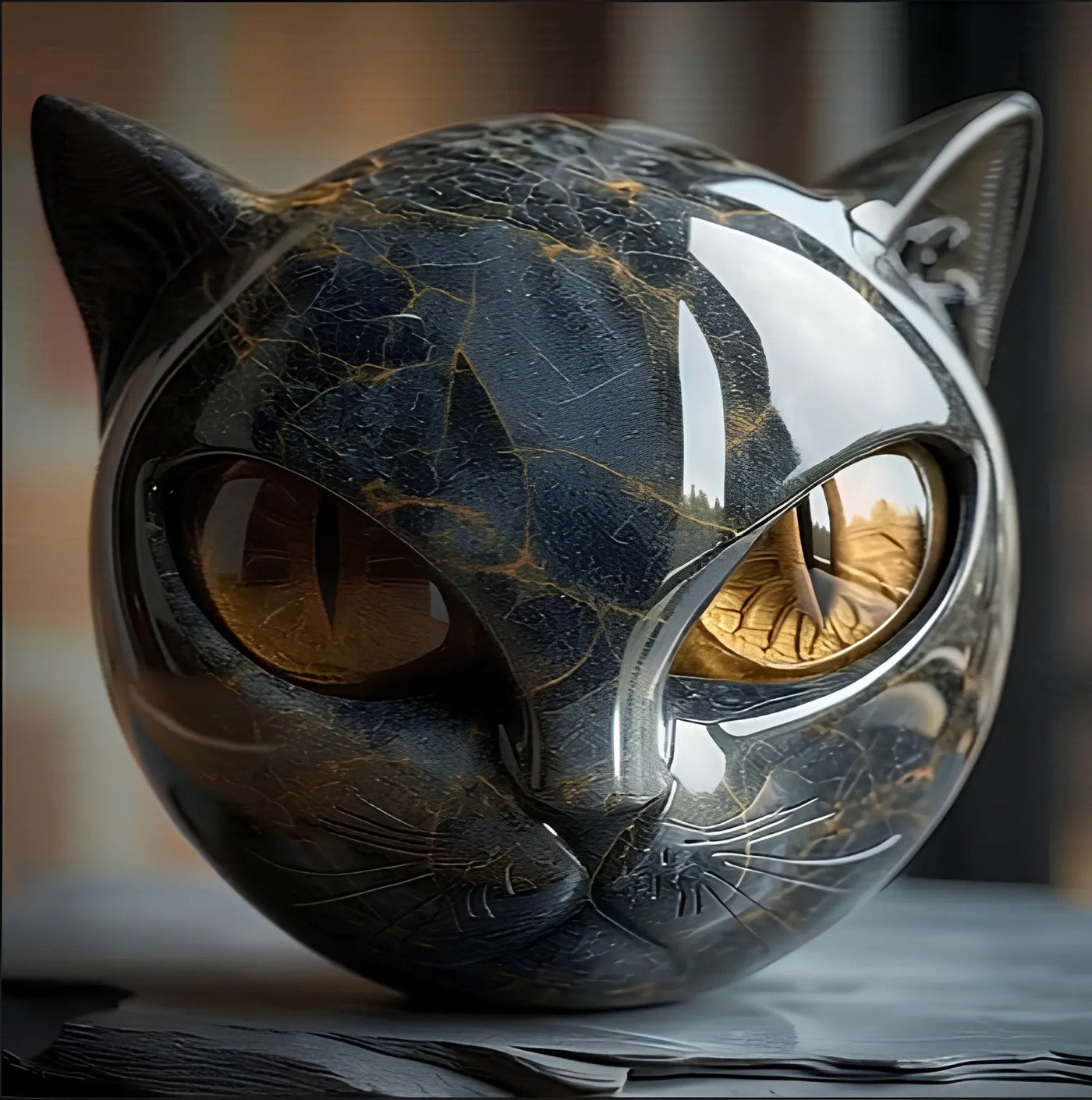 NoctiVue | Buste de Chat Noir, Finition Marbrée Polie