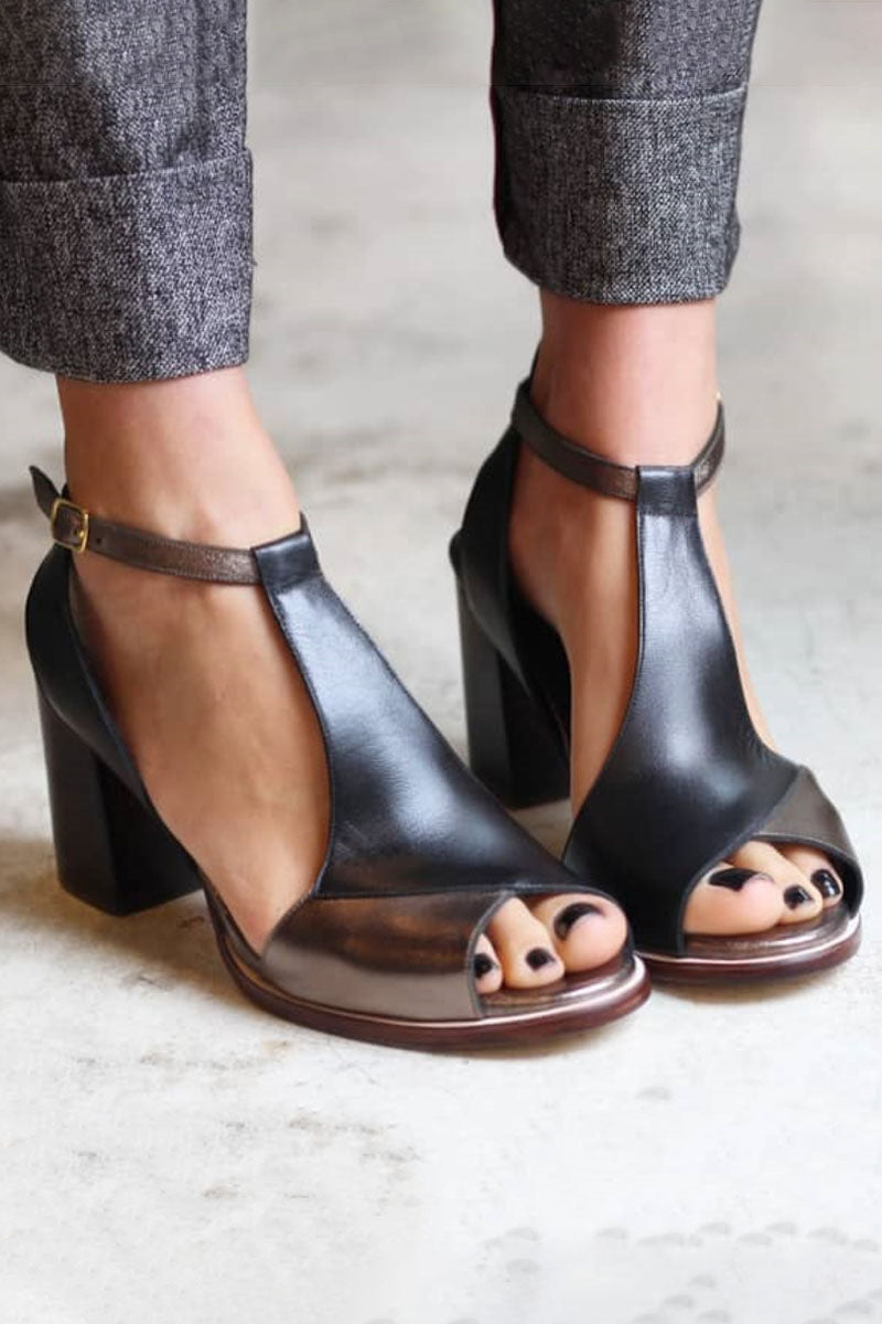 Zénaïde | Élégantes Sandales Peep Toe Patchwork Noires à Talons pour un Style Sophistiqué