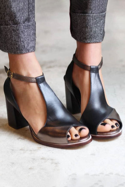 Zénaïde | Élégantes Sandales Peep Toe Patchwork Noires à Talons pour un Style Sophistiqué