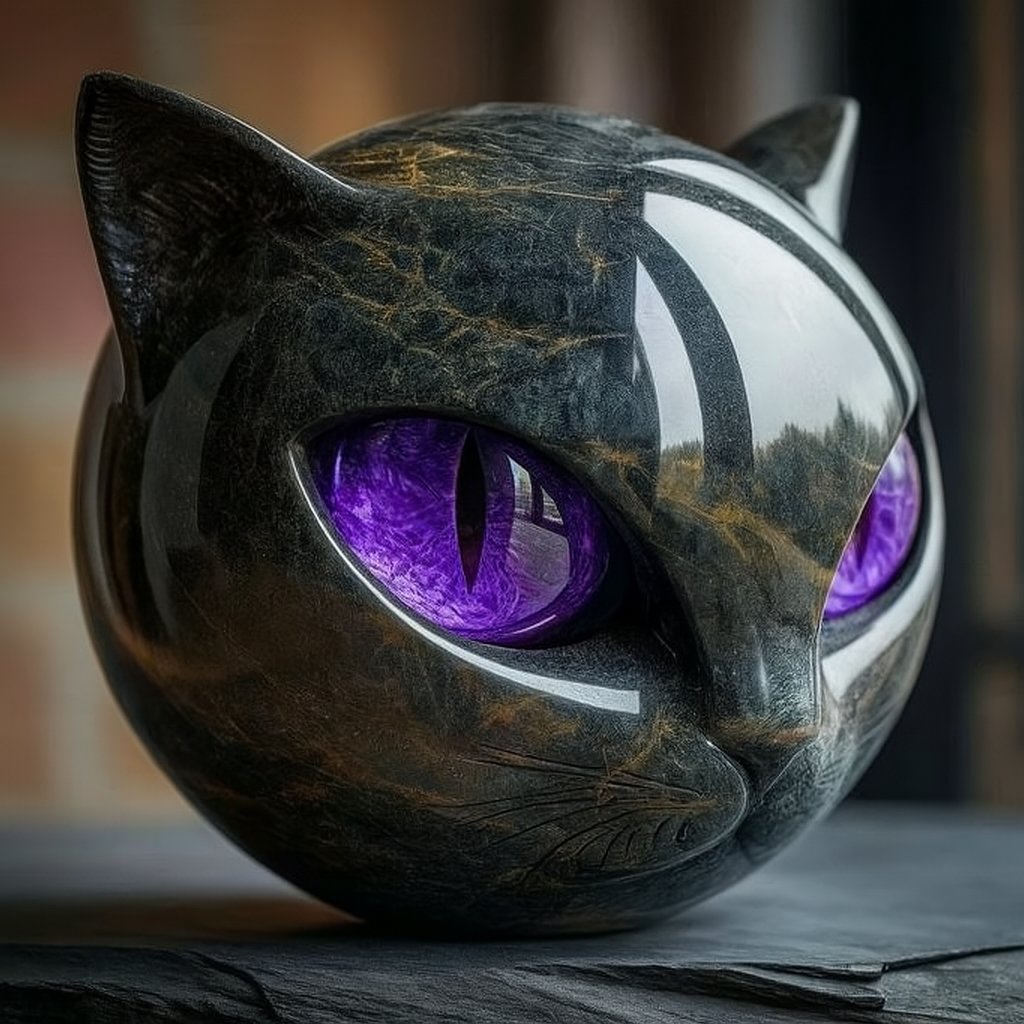 NoctiVue | Buste de Chat Noir, Finition Marbrée Polie