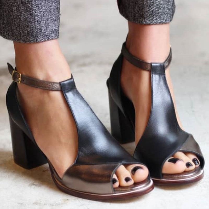 Zénaïde | Élégantes Sandales Peep Toe Patchwork Noires à Talons pour un Style Sophistiqué