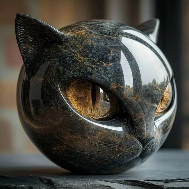 NoctiVue | Buste de Chat Noir, Finition Marbrée Polie