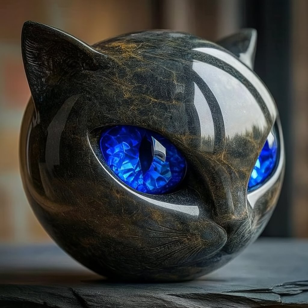 NoctiVue | Buste de Chat Noir, Finition Marbrée Polie