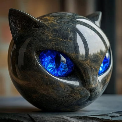 NoctiVue | Buste de Chat Noir, Finition Marbrée Polie