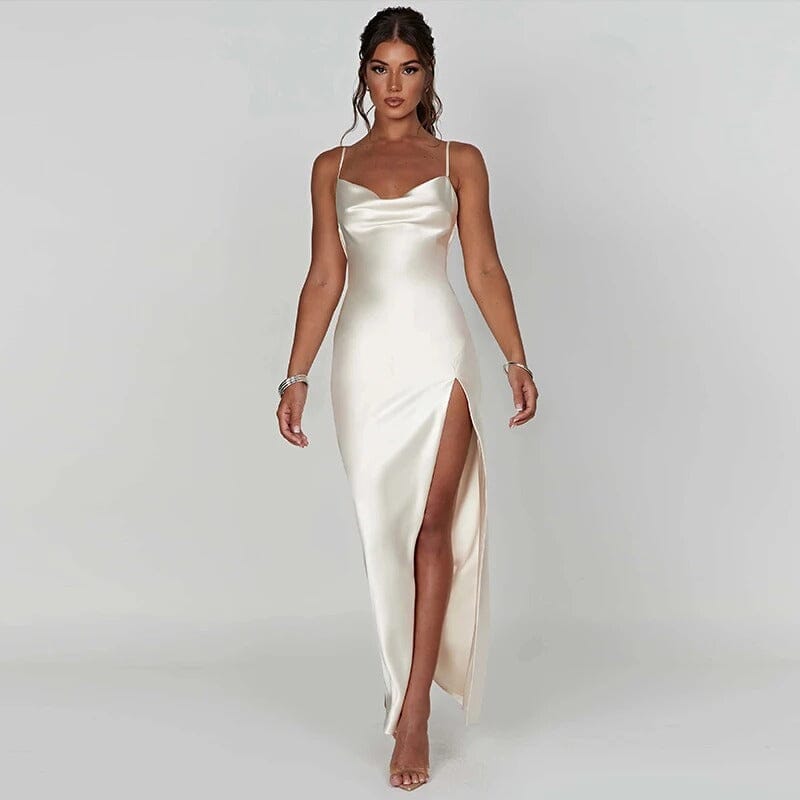 Ismérie | Robe Maxi en Satin avec Fines Bretelles