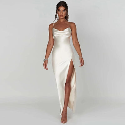 Ismérie | Robe Maxi en Satin avec Fines Bretelles